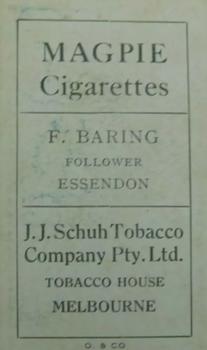 1921 J.J.Schuh Magpie Cigarettes Victorian League Footballers #NNO Fred Baring Back